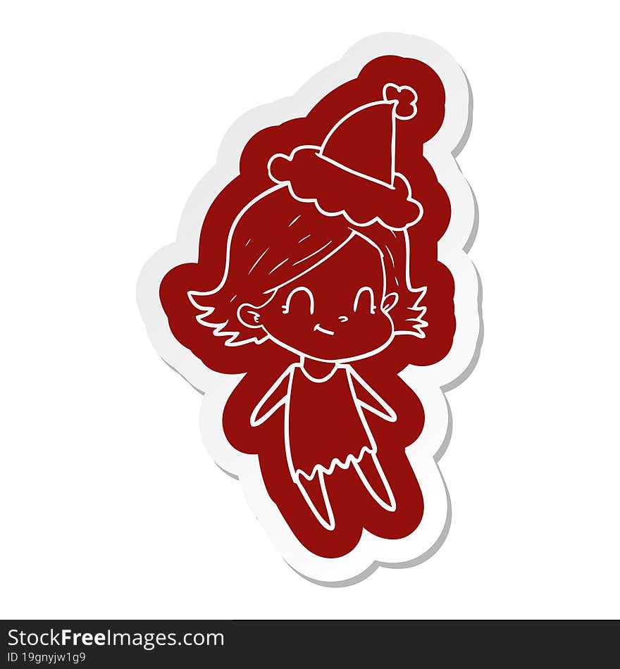 cartoon  sticker of a friendly girl wearing santa hat