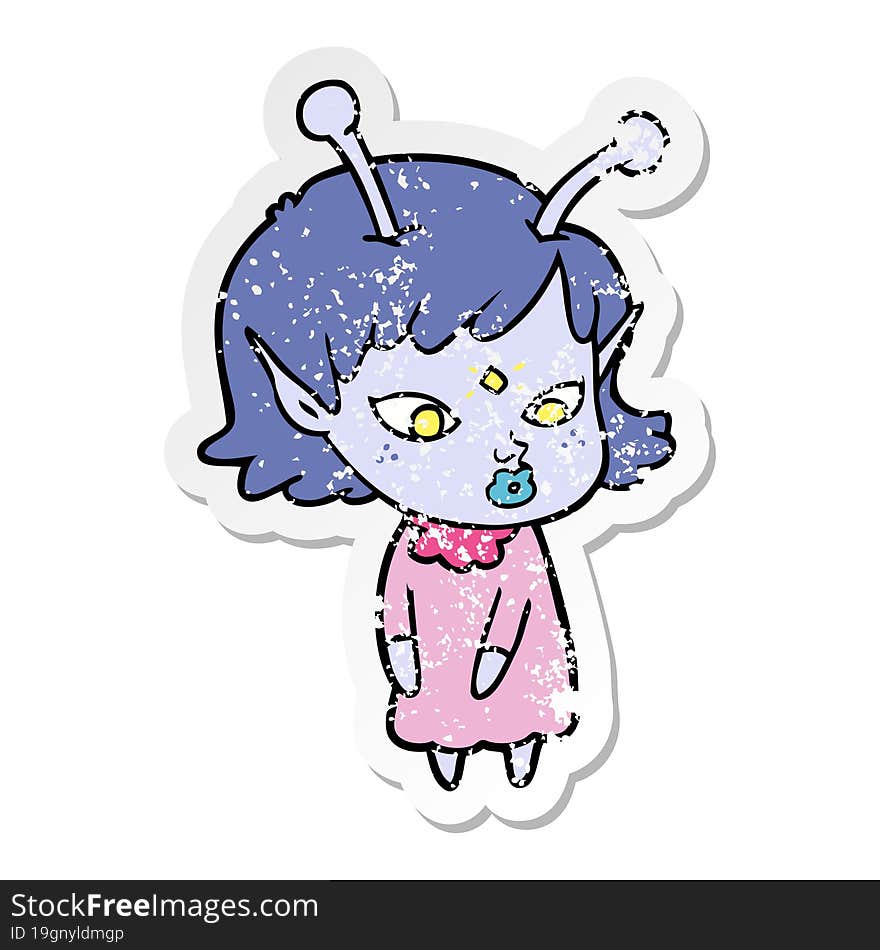 distressed sticker of a pretty cartoon alien girl