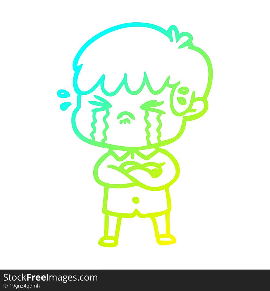 Cold Gradient Line Drawing Crying Boy Cartoon