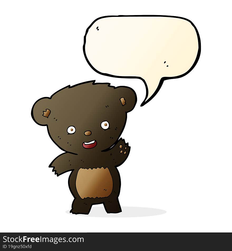 cartoon waving black bear with speech bubble