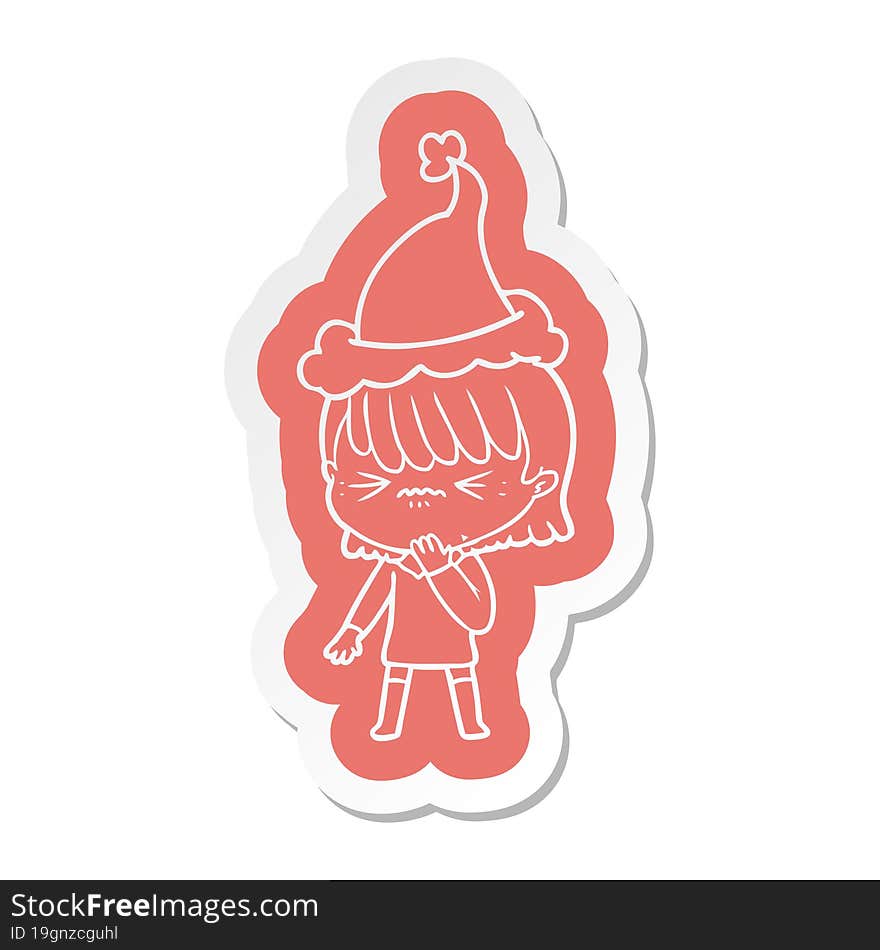 cartoon  sticker of a girl regretting a mistake wearing santa hat