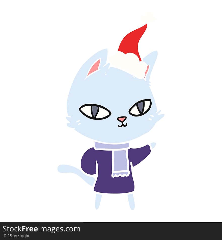 flat color illustration of a cat staring wearing santa hat