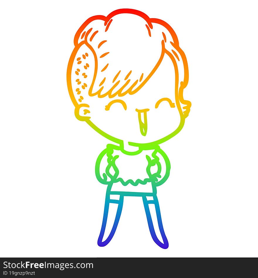 Rainbow Gradient Line Drawing Cartoon Happy Hipster Girl