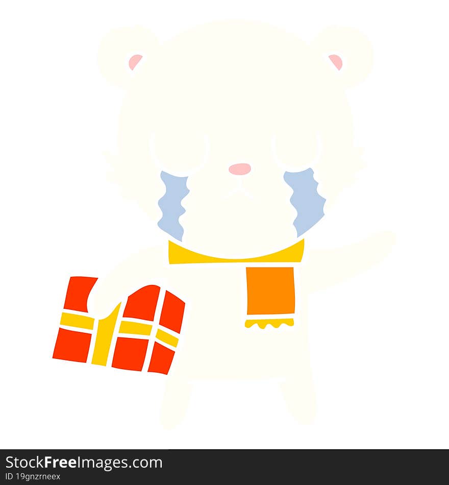 crying polar bear flat color style cartoon with christmas gift