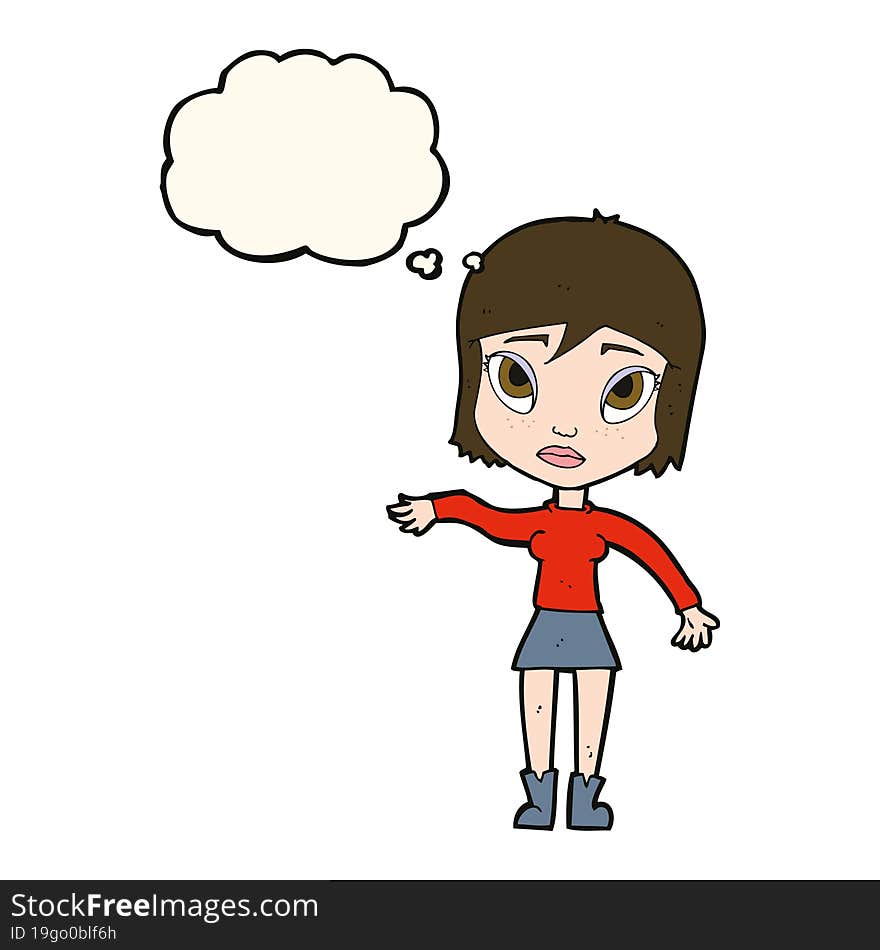 cartoon woman waving hand with thought bubble