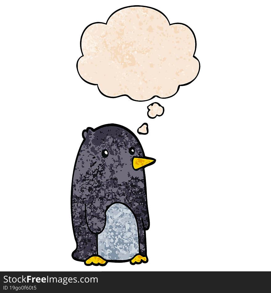 Cartoon Penguin And Thought Bubble In Grunge Texture Pattern Style