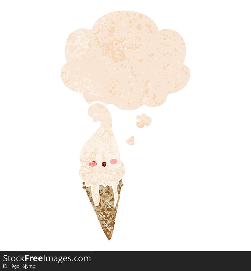 Cartoon Ice Cream And Thought Bubble In Retro Textured Style