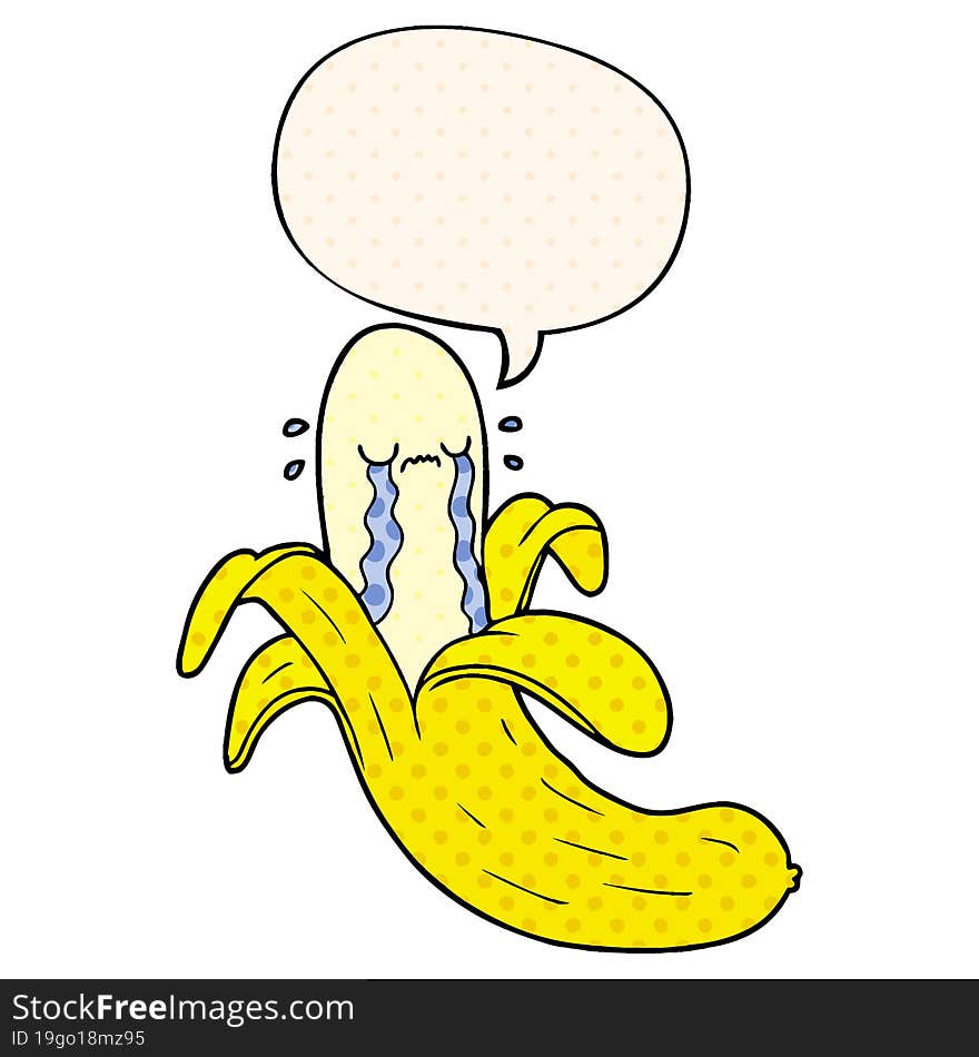 cartoon crying banana and speech bubble in comic book style