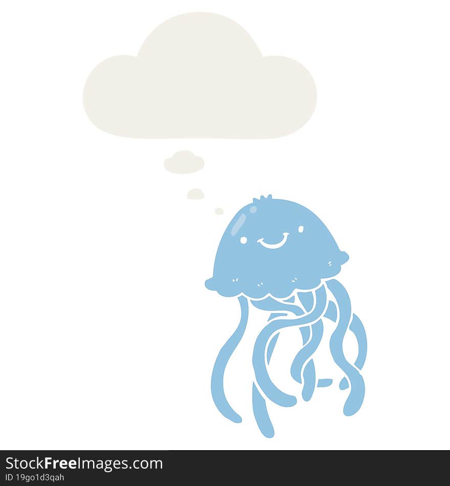 cartoon happy jellyfish and thought bubble in retro style