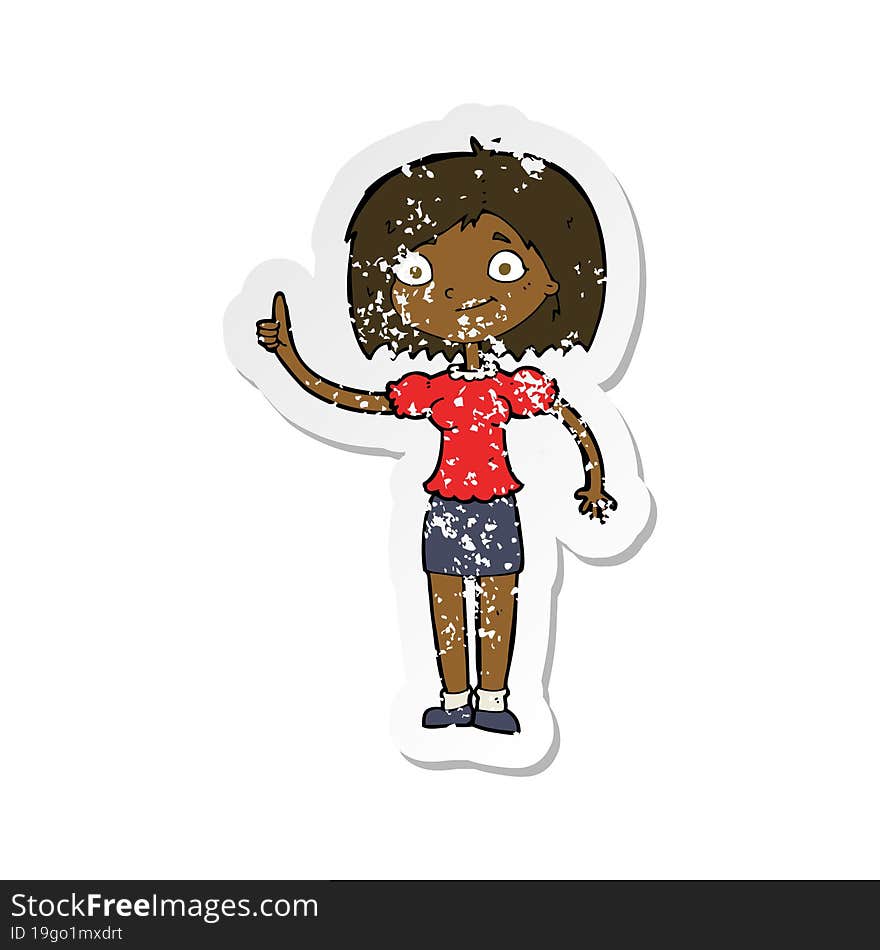 retro distressed sticker of a cartoon woman with idea