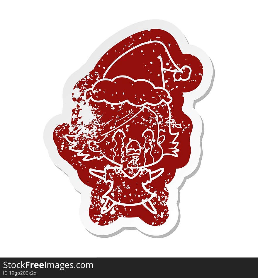 cartoon distressed sticker of a woman crying wearing santa hat