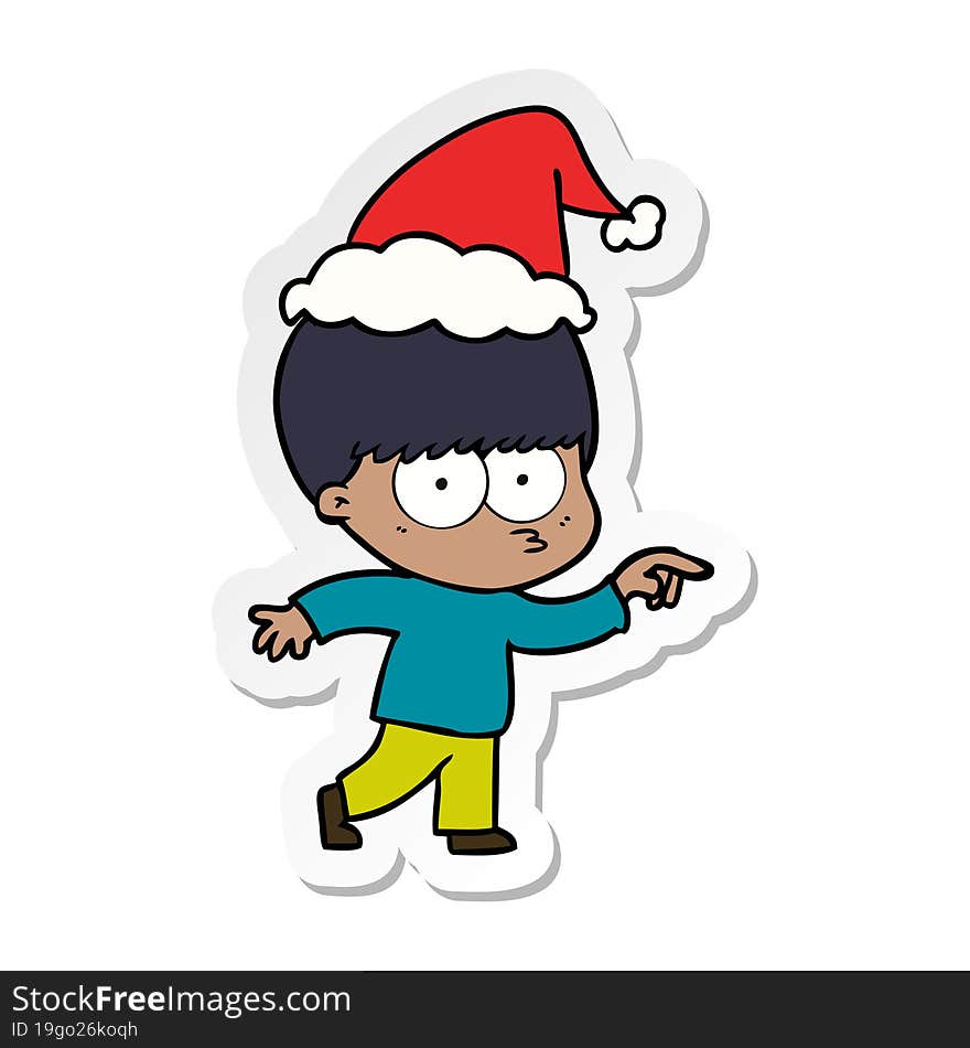 nervous sticker cartoon of a boy wearing santa hat