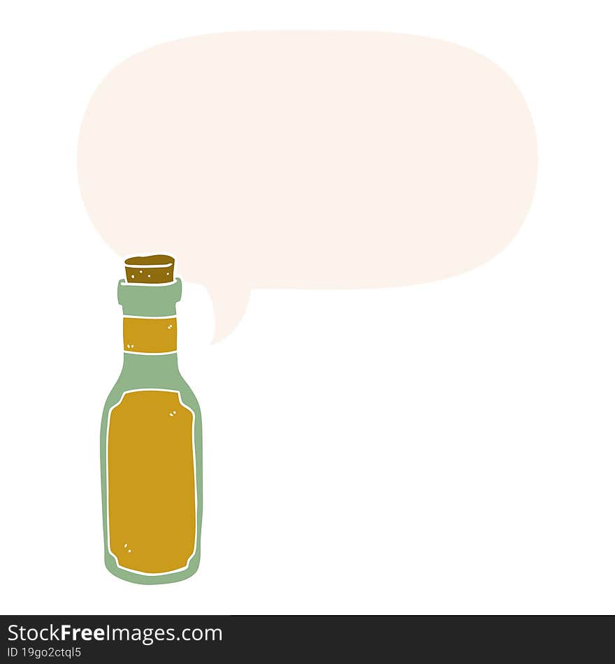 cartoon potion bottle and speech bubble in retro style