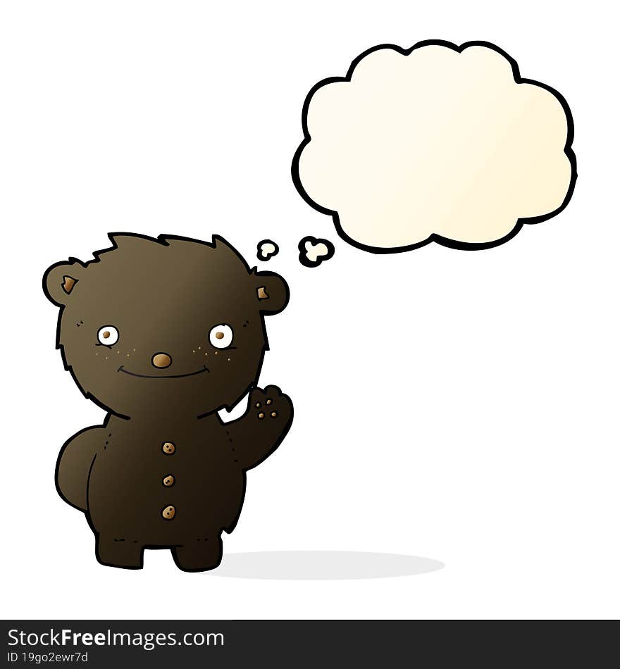 cartoon waving black bear with thought bubble