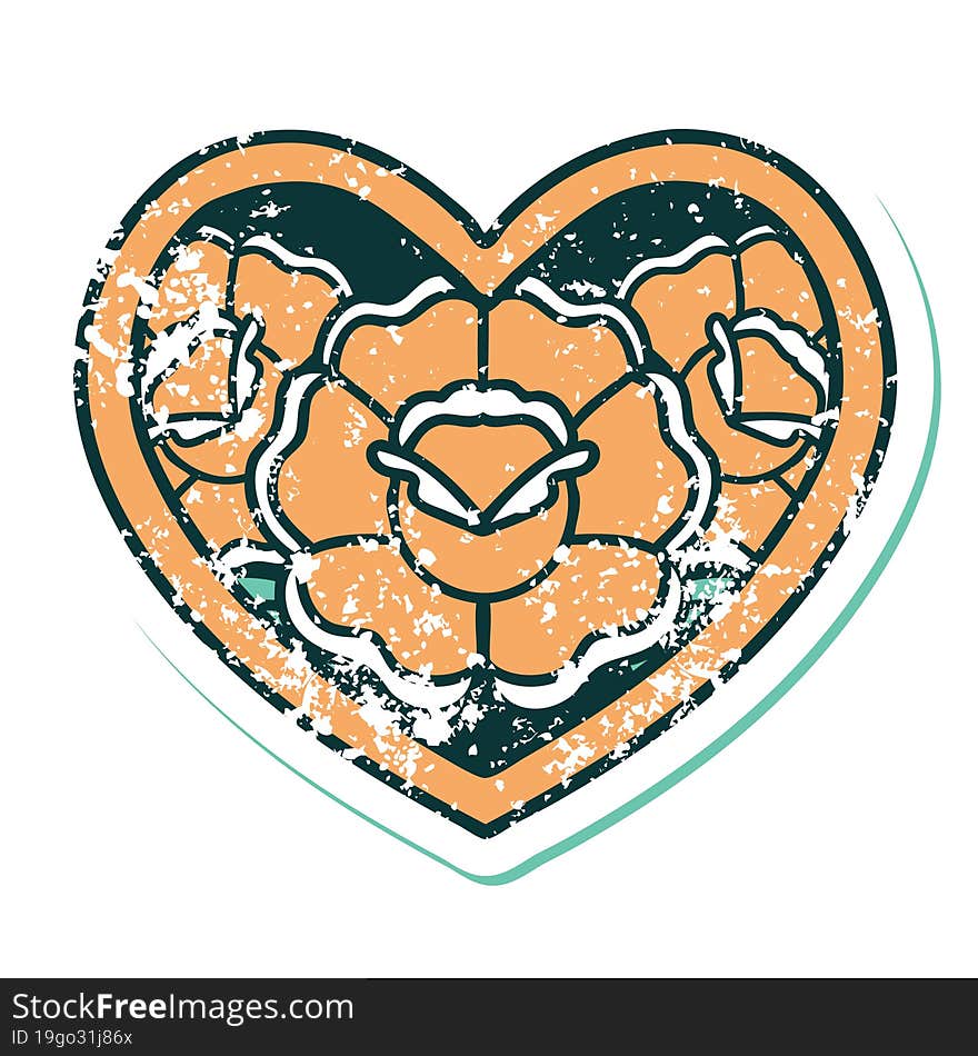 distressed sticker tattoo style icon of a heart and flowers