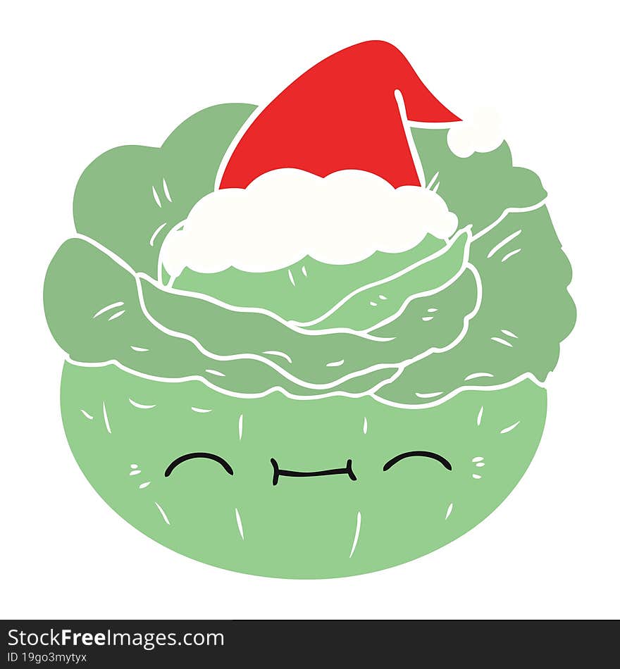 hand drawn flat color illustration of a cabbage wearing santa hat