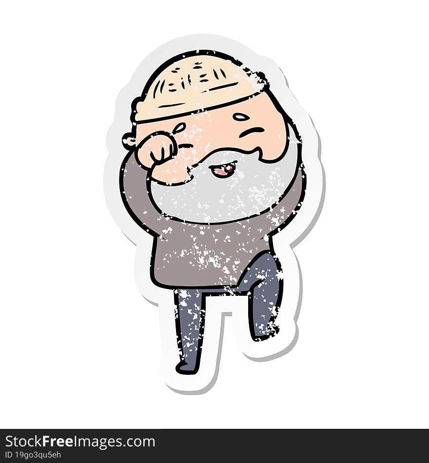 distressed sticker of a cartoon happy bearded man