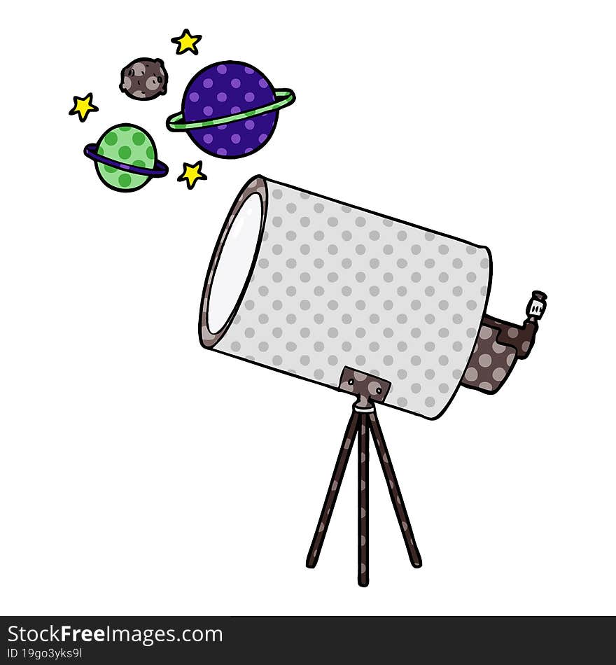 cartoon telescope looking at planets. cartoon telescope looking at planets