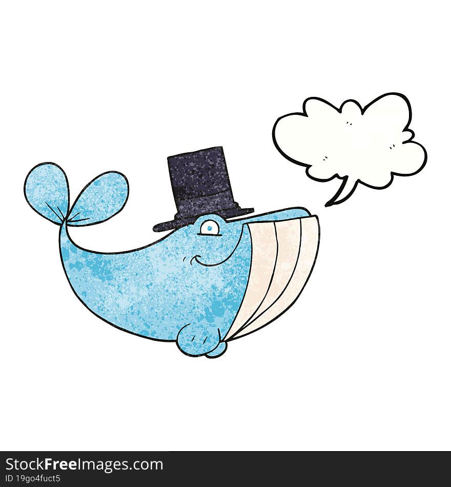 freehand speech bubble textured cartoon whale wearing top hat