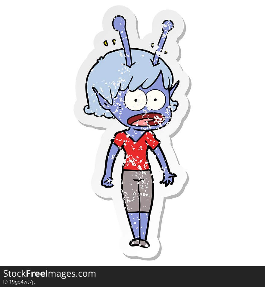 distressed sticker of a cartoon shocked alien girl