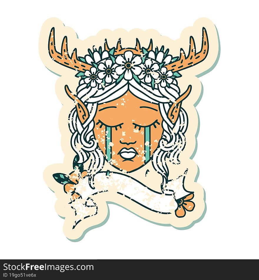 Retro Tattoo Style sad elf druid character face. Retro Tattoo Style sad elf druid character face