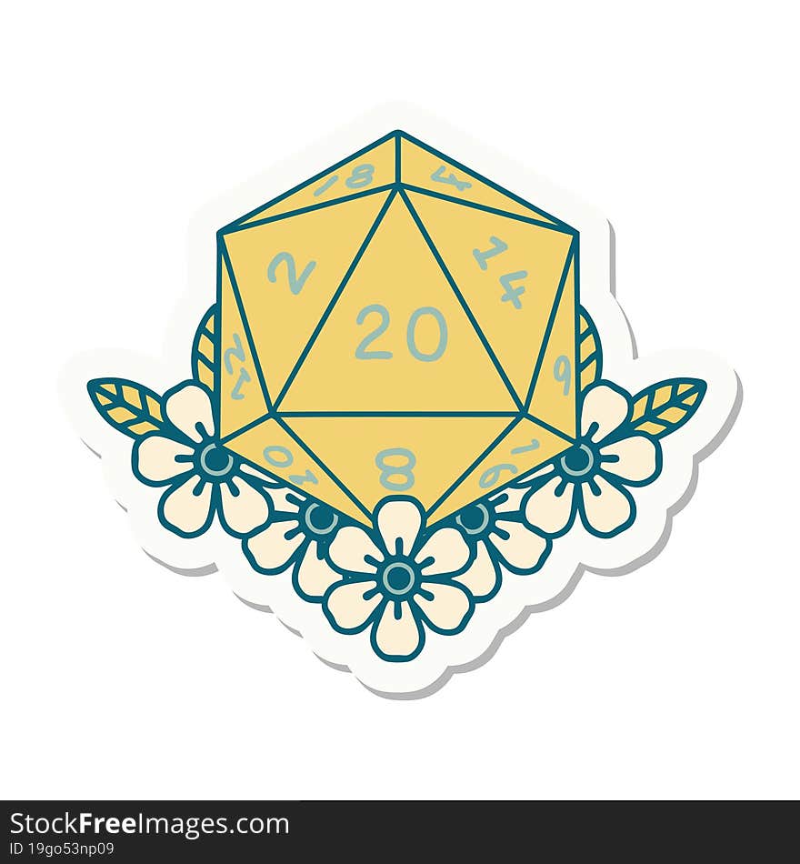 natural 20 D20 dice roll with floral elements sticker