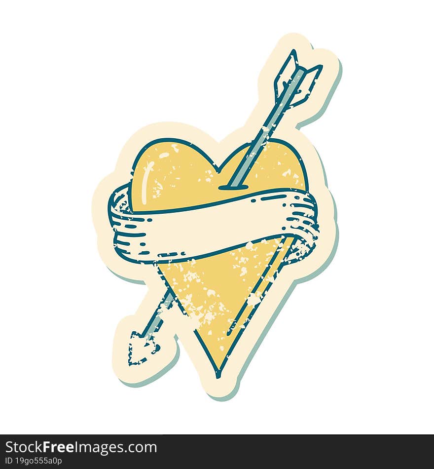 distressed sticker tattoo style icon of an arrow heart and banner