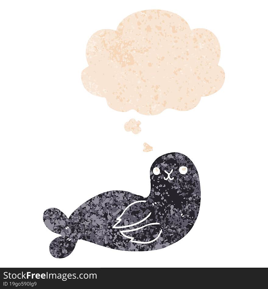 cartoon seal and thought bubble in retro textured style