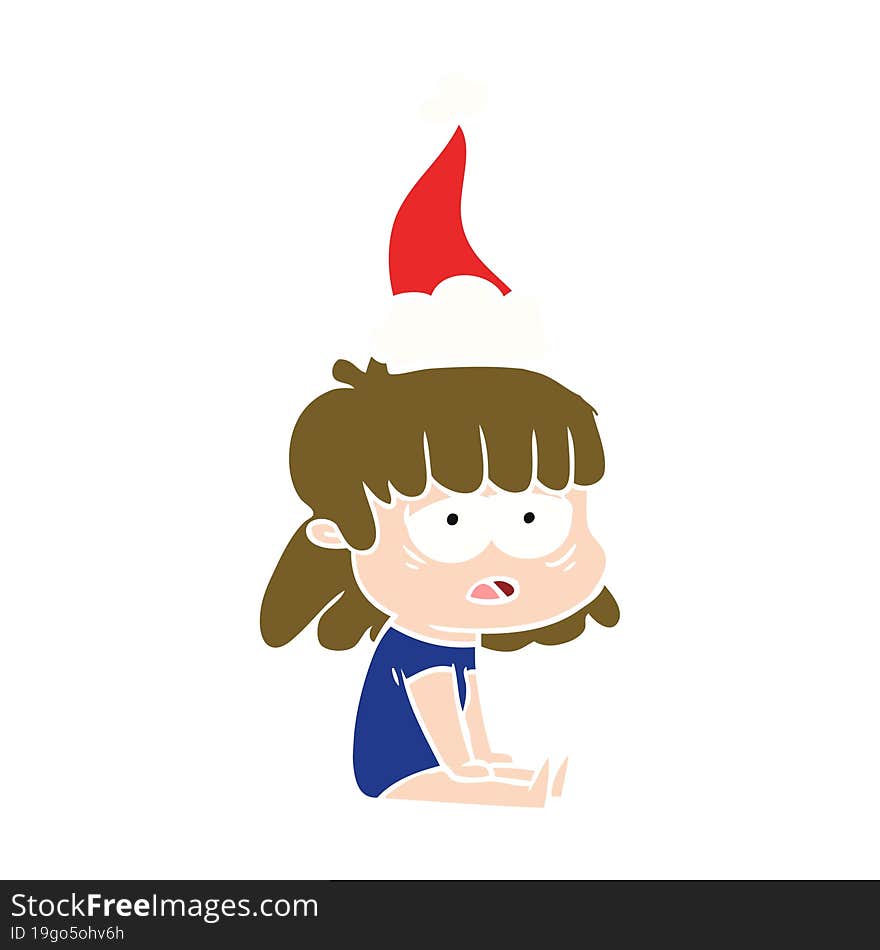 Flat Color Illustration Of A Tired Woman Wearing Santa Hat