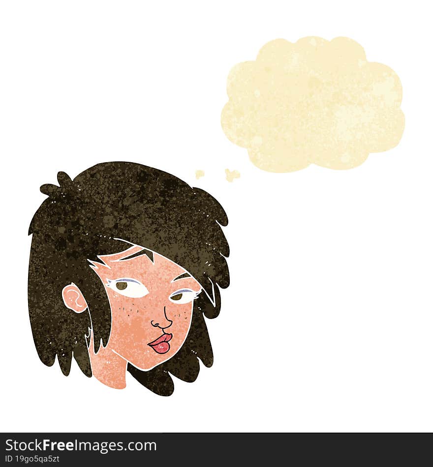 cartoon curious woman with thought bubble