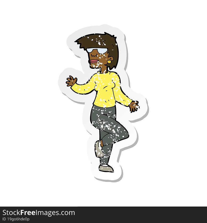 Retro Distressed Sticker Of A Cartoon Woman Waving