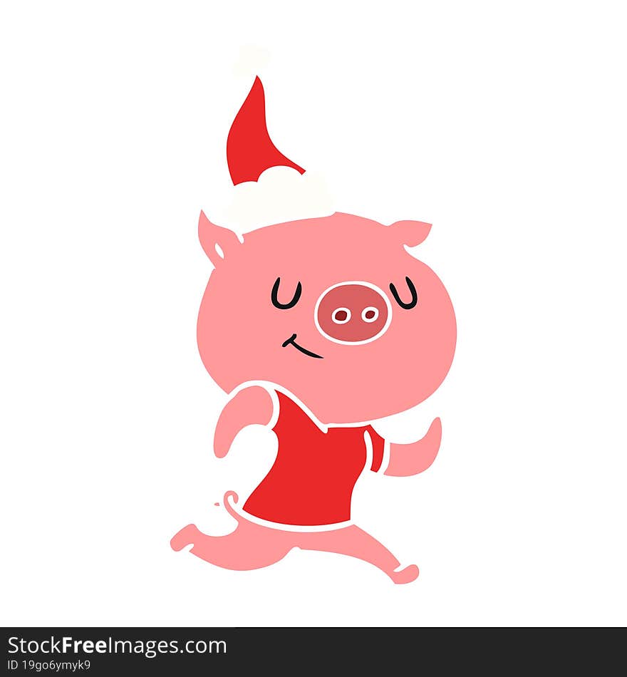 happy flat color illustration of a pig running wearing santa hat