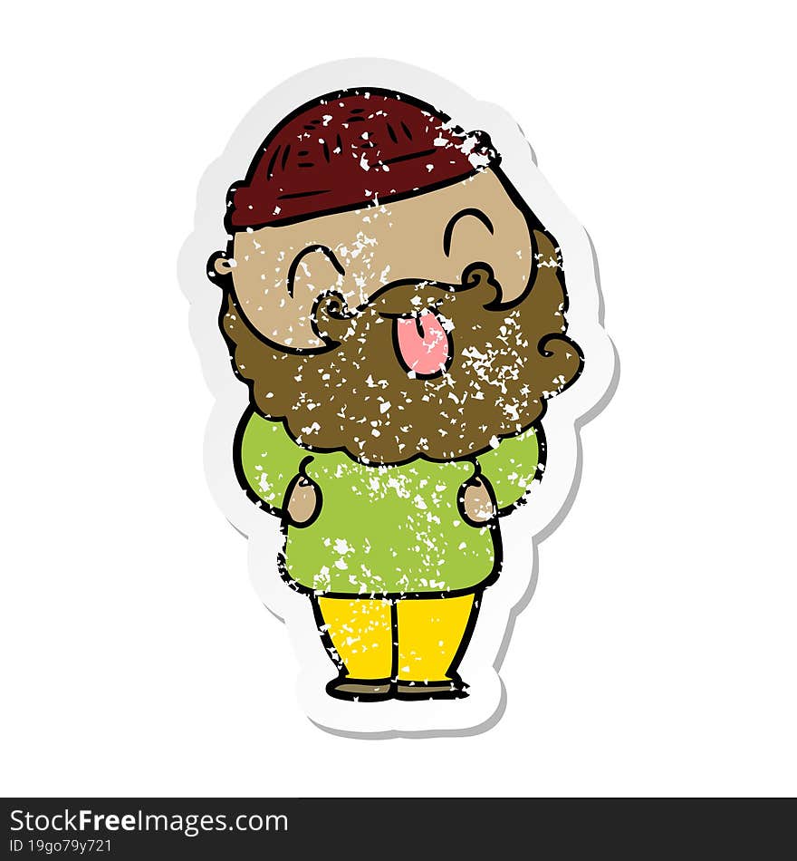 distressed sticker of a man with beard sticking out tongue