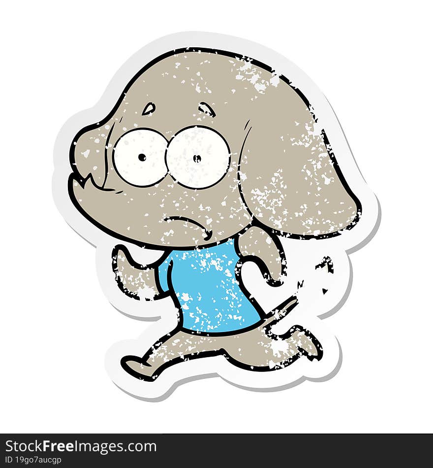 distressed sticker of a cartoon unsure elephant running away