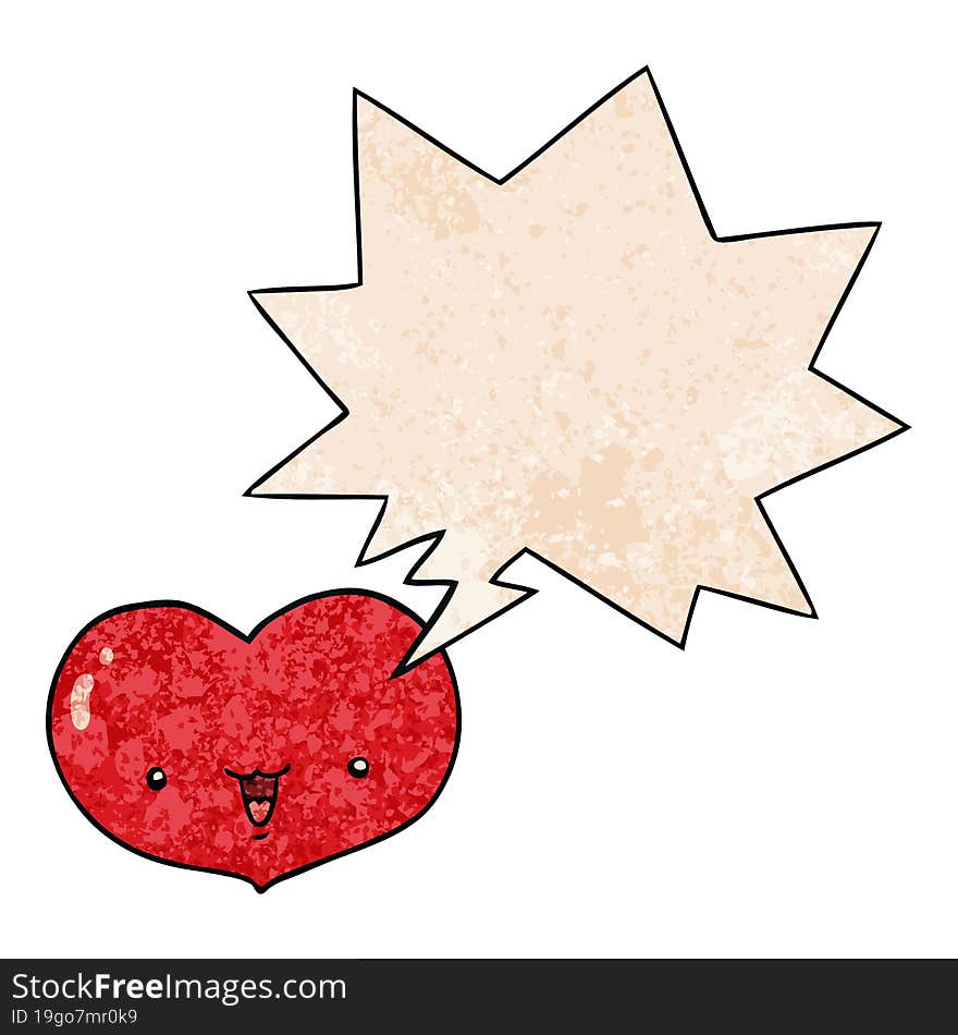 cartoon love heart character with speech bubble in retro texture style