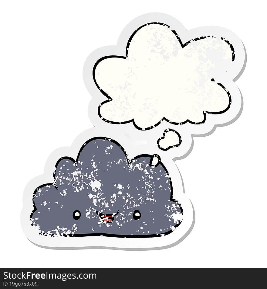 cartoon tiny happy cloud and thought bubble as a distressed worn sticker