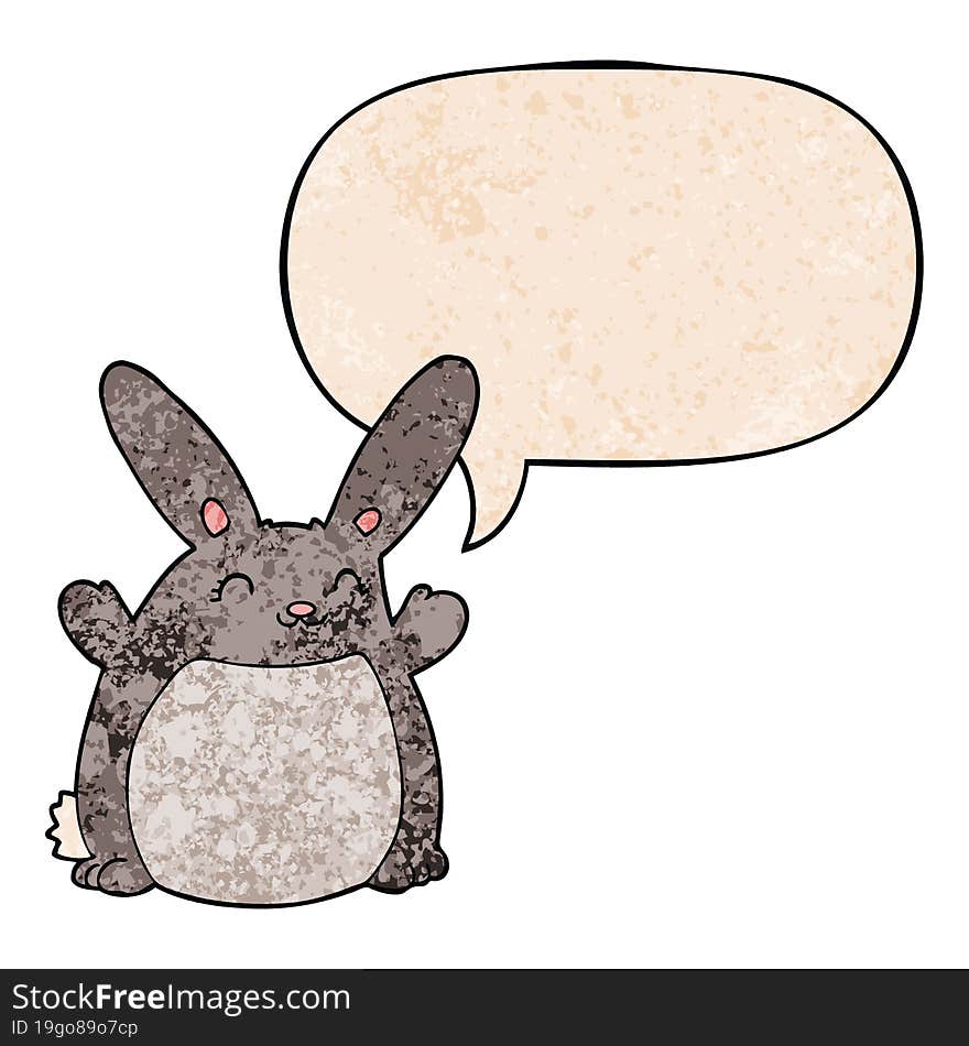 cartoon rabbit with speech bubble in retro texture style