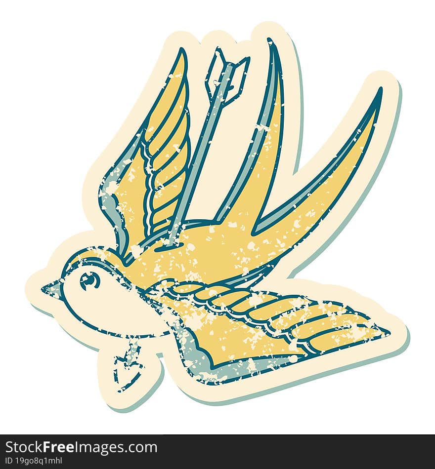 distressed sticker tattoo style icon of a swallow pieced by arrow