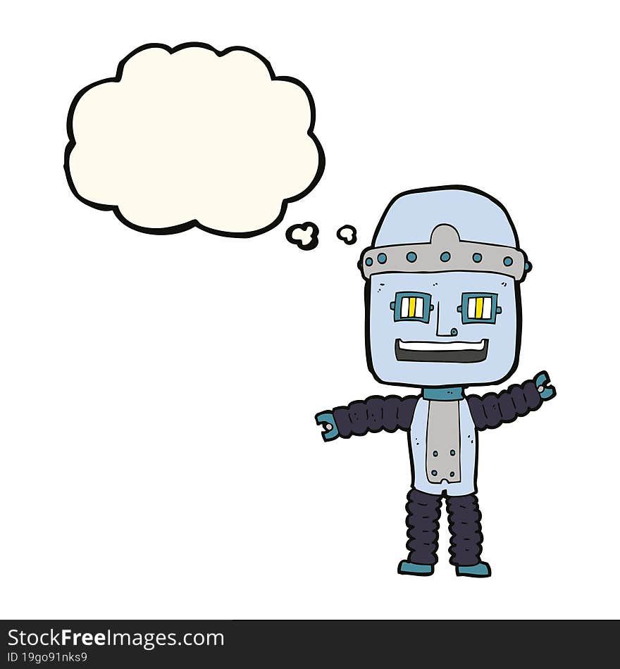 cartoon waving robot with thought bubble