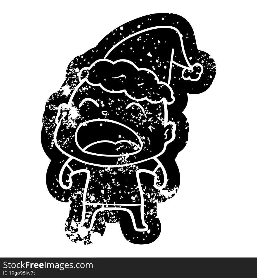 quirky cartoon distressed icon of a shouting bald man wearing santa hat