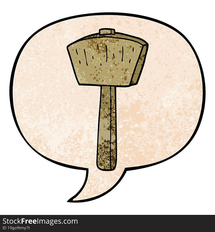 cartoon mallet and speech bubble in retro texture style