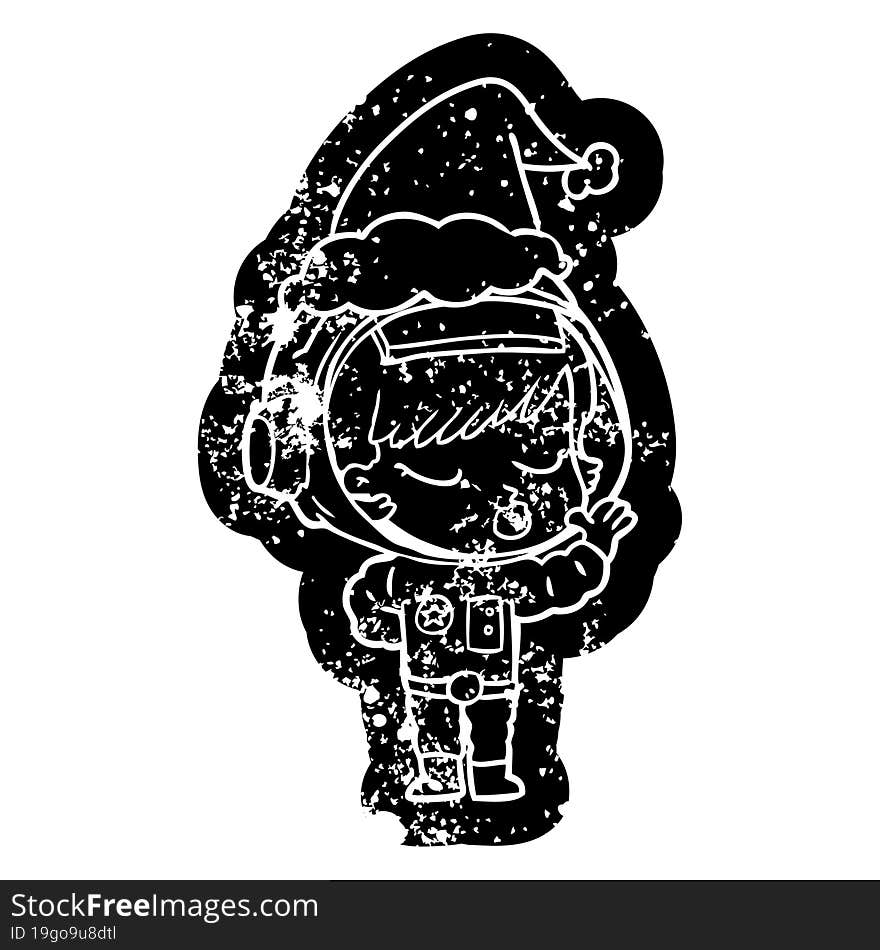 Cartoon Distressed Icon Of A Pretty Astronaut Girl Wearing Santa Hat