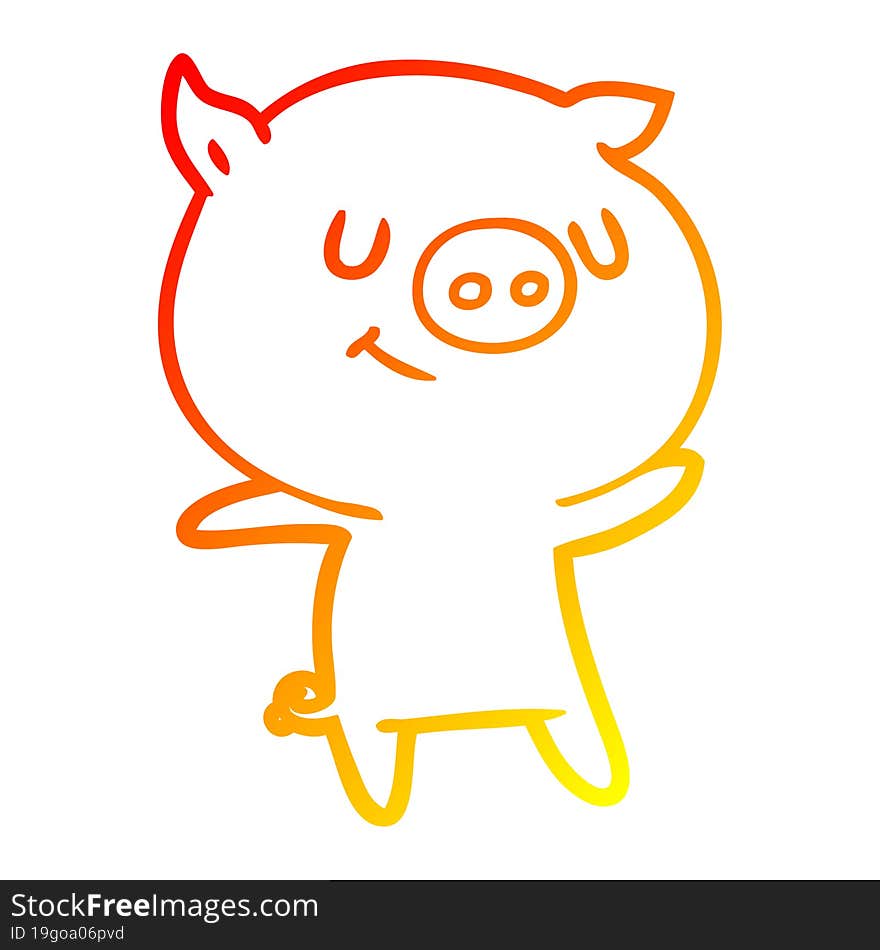 warm gradient line drawing of a happy cartoon pig