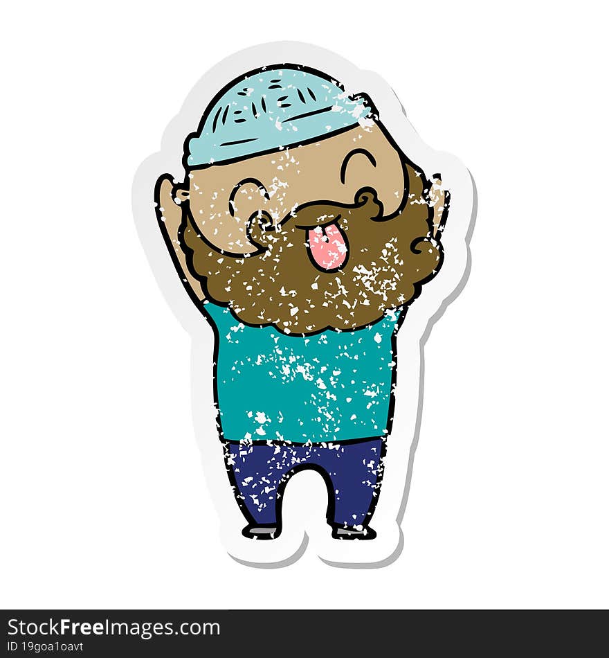 distressed sticker of a man with beard sticking out tongue