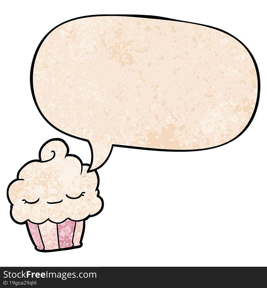 funny cartoon cupcake and speech bubble in retro texture style