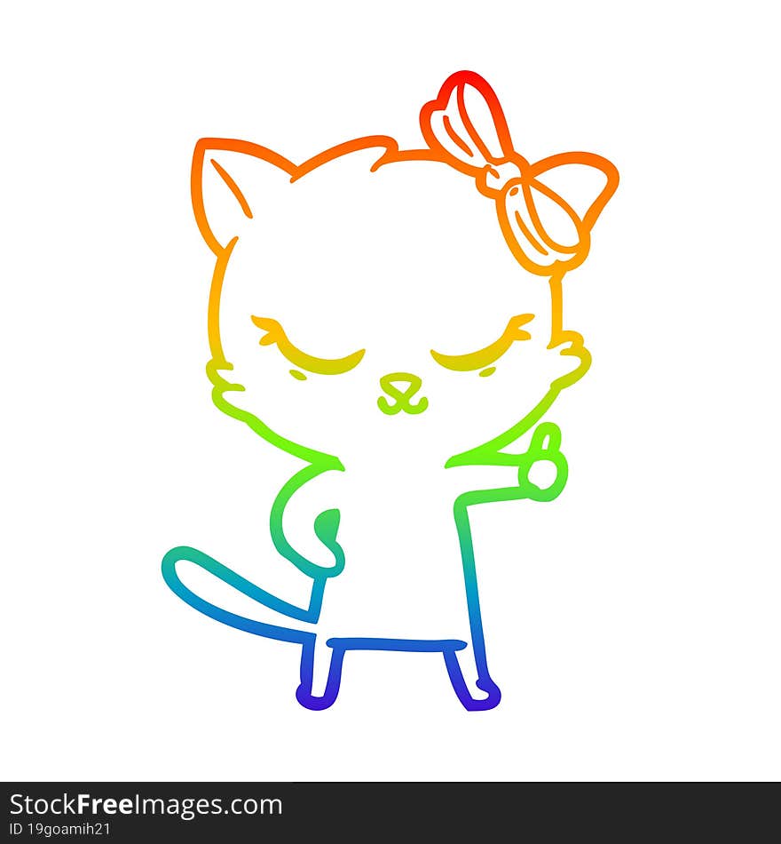 rainbow gradient line drawing of a cute cartoon cat with bow