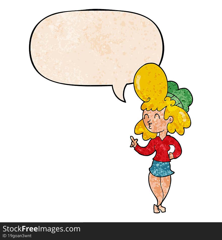 cartoon woman and big hair and speech bubble in retro texture style