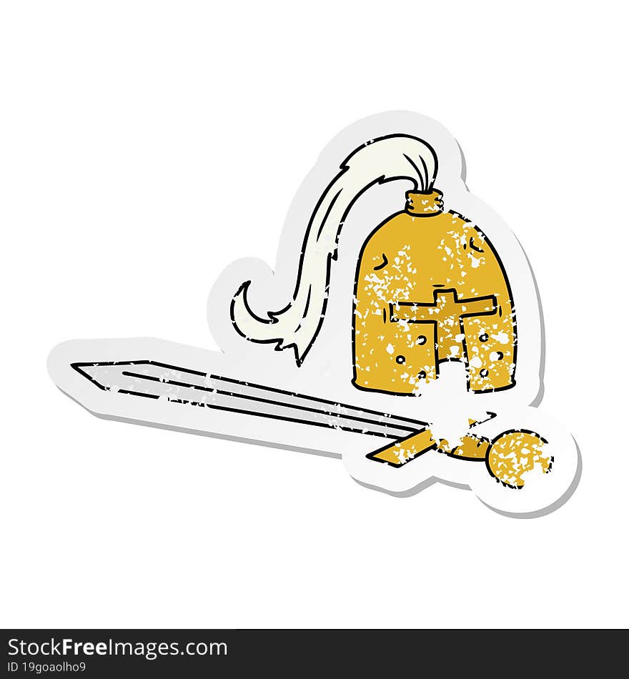 distressed sticker cartoon doodle of a medieval helmet and sword