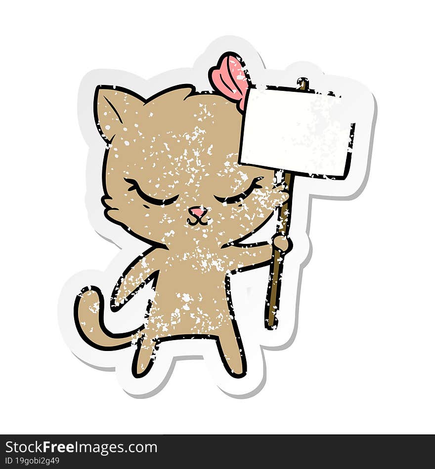 distressed sticker of a cute cartoon cat with sign