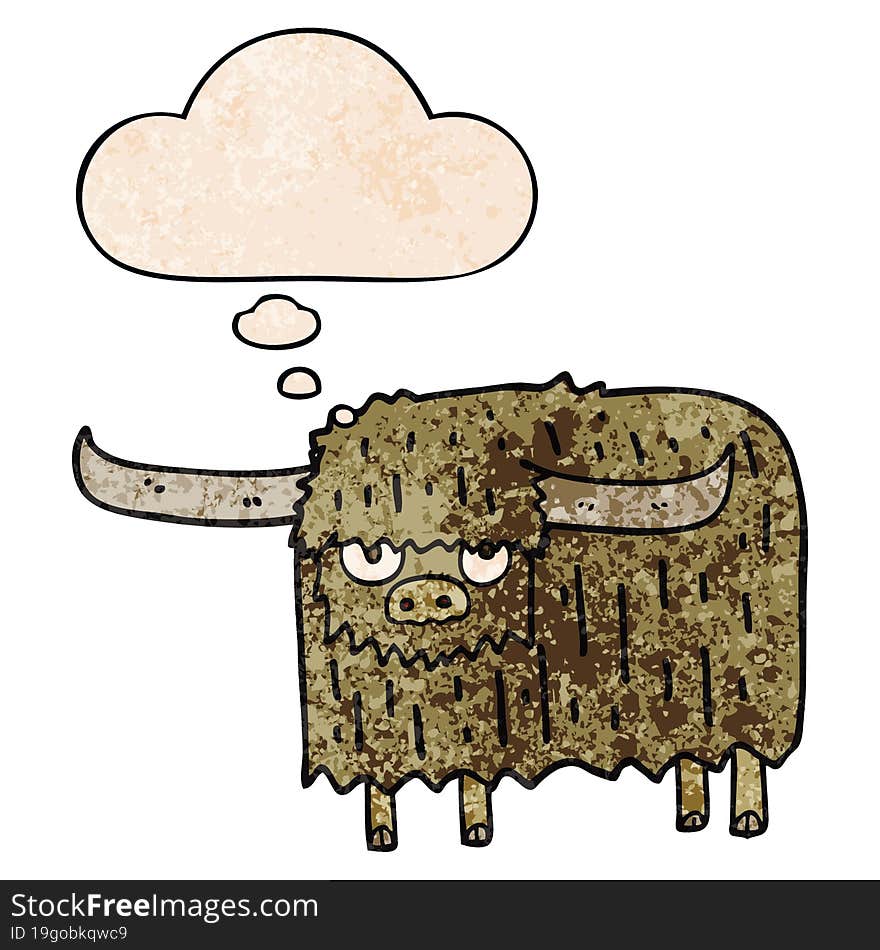 cartoon hairy cow with thought bubble in grunge texture style. cartoon hairy cow with thought bubble in grunge texture style